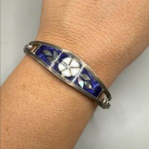 Vintage Alpaca Mexico Silver Blue Abalone Mother of Pearl Bangle Cuff Bracelet